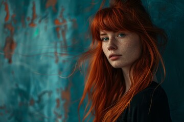 Naklejka premium Redhead fashion model posing in front of teal background with wind blowing through her hair
