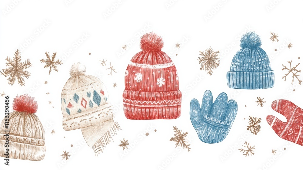 Aufkleber winter themed doodle featuring colorful hats and mittens on a snowy background with decorative snowf
