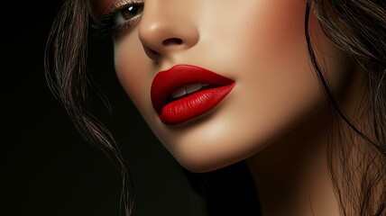 Fototapeta premium Photorealistic ad of luxurious red lipstick with a matte finish and sleek, metallic casing close-up 