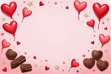 Illustration of a romantic flatlay with pink tones, chocolates, and a touch of elegance.  .