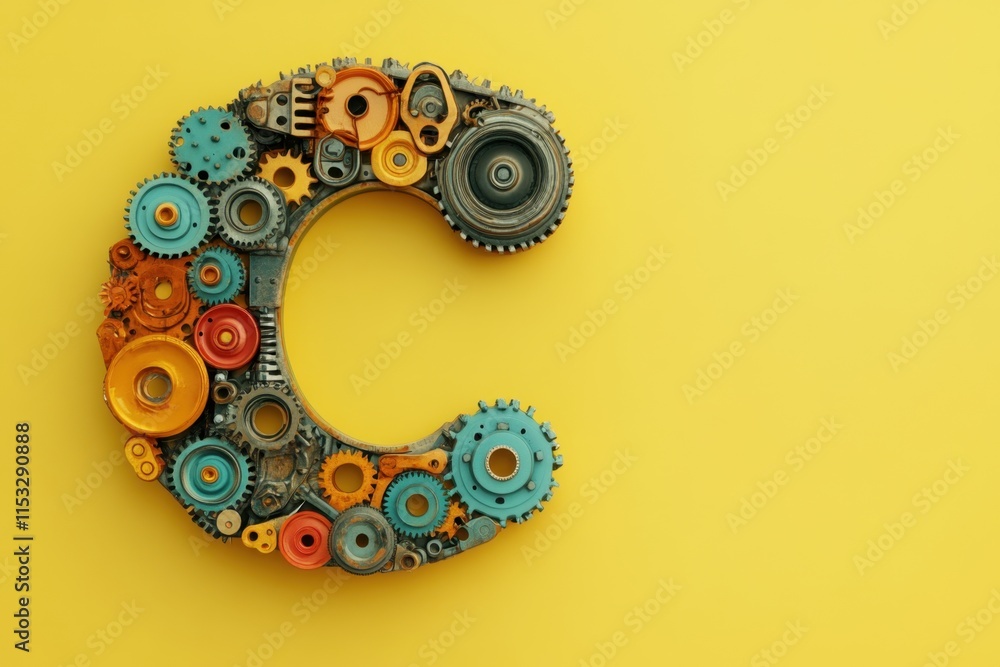 Poster the image is a colorful and intricate design of a letter c made up of various gears