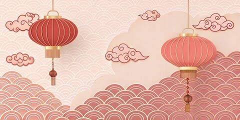 Paper texture inspired element lanterns clouds Chinese new year spring festival gold red wavy pattern prosperity