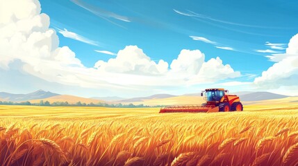 Fototapeta premium Golden Wheat Field Harvest Combine Under Sunny Skies