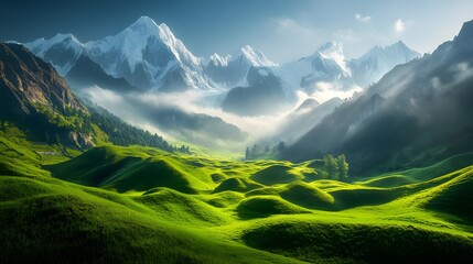 Wide-angle view of Pe Hunza Valley wiP snow-capped peaks and lush green fields glowing under a soft morning mist, in 4K resolution