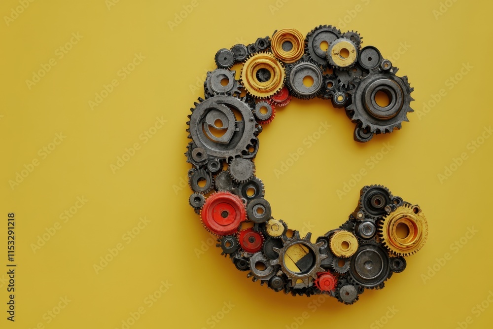 Poster the image is a colorful and intricate design of a letter c made up of various gears