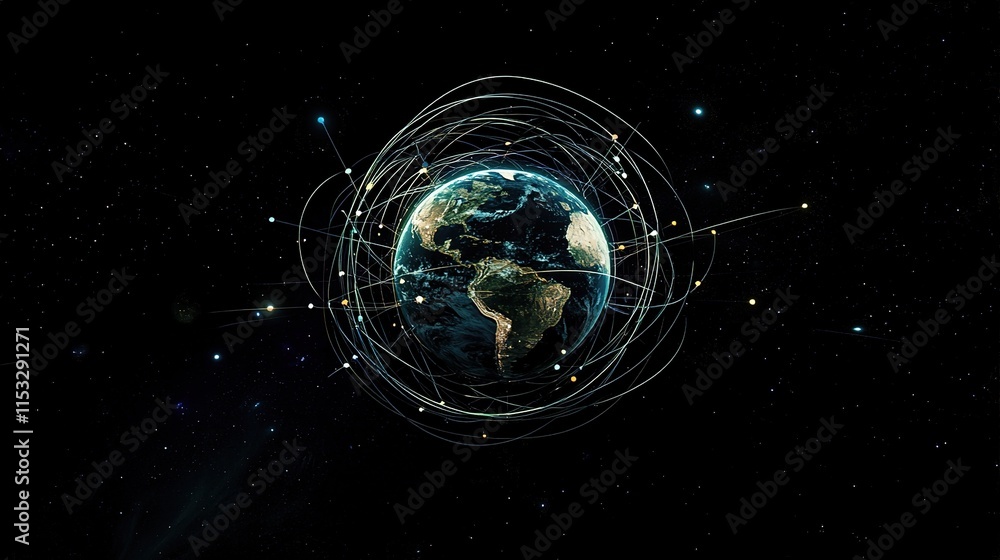 Poster earth surrounded by connection lines and circles in space