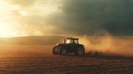 Fototapeta premium Tractor Plowing Field at Sunset Golden Hour