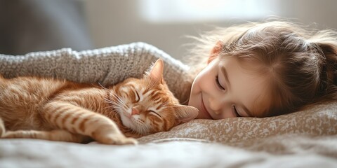 A heartwarming friendship between child and pet is showcased as a cute little girl relaxes on the bed with her adorable red cat, illustrating the strong bond of friendship between child and pet.