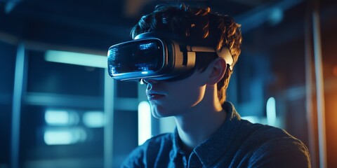 Young man immersed in the world of virtual reality while using virtual reality glasses for an engaging experience, showcasing the excitement and innovation of virtual reality technology.