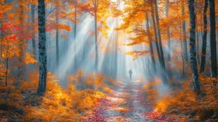 Fototapeta premium A serene autumn forest scene with sunlight filtering through colorful leaves.