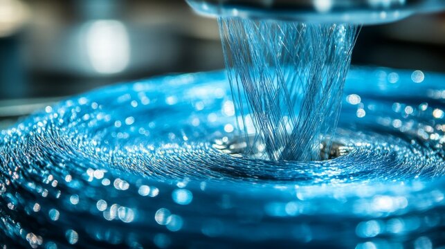 Blue fiber threads swirling into a spool