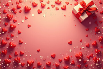 Illustration of a love-themed flatlay with hearts, a gift box, and red tones creating a festive ambiance.  .