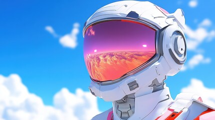 Astronaut helmet reflecting vibrant sunset.