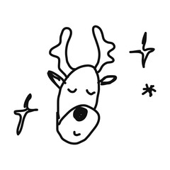 Icon or clip art with a christmas theme. Hand drawn a simple Christmas toy reindeer, childlike naive doodle vector illustration