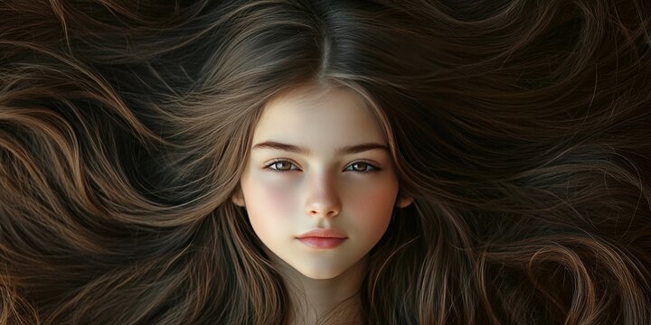 Portrait showcasing a beautiful teenage girl, featuring long brown hair that enhances her youthful charm. This portrait emphasizes the beauty of a teenage girl with striking long brown hair.
