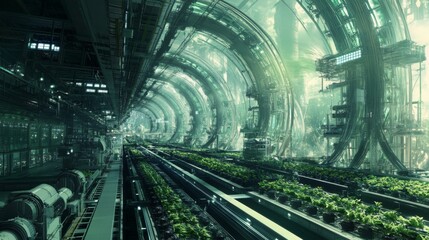 Futuristic indoor farm with automated systems growing plants in a large, curved structure.