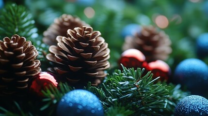 Holiday Ornaments. Thumbnail Squarespace designer heic Perfume dupe Sustainable packaging materials Perfumer Pinecone Giftee PNGtree Little Trees Pinecones green branches blue red Christmas ornamen
