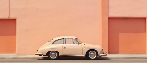 Beige classic car parked by a peach-colored wall.