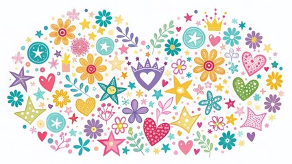 Pastel Doodle Hearts, Crowns, Stars & Flowers Silhouette - Kids Design Scrapbook Stationery