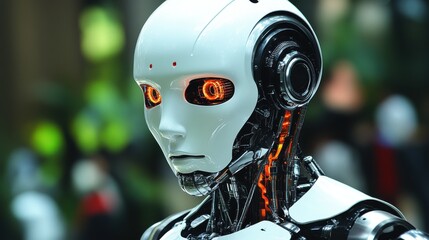 Close-up of a humanoid robot's head and shoulders, showing intricate detail and glowing internal components.