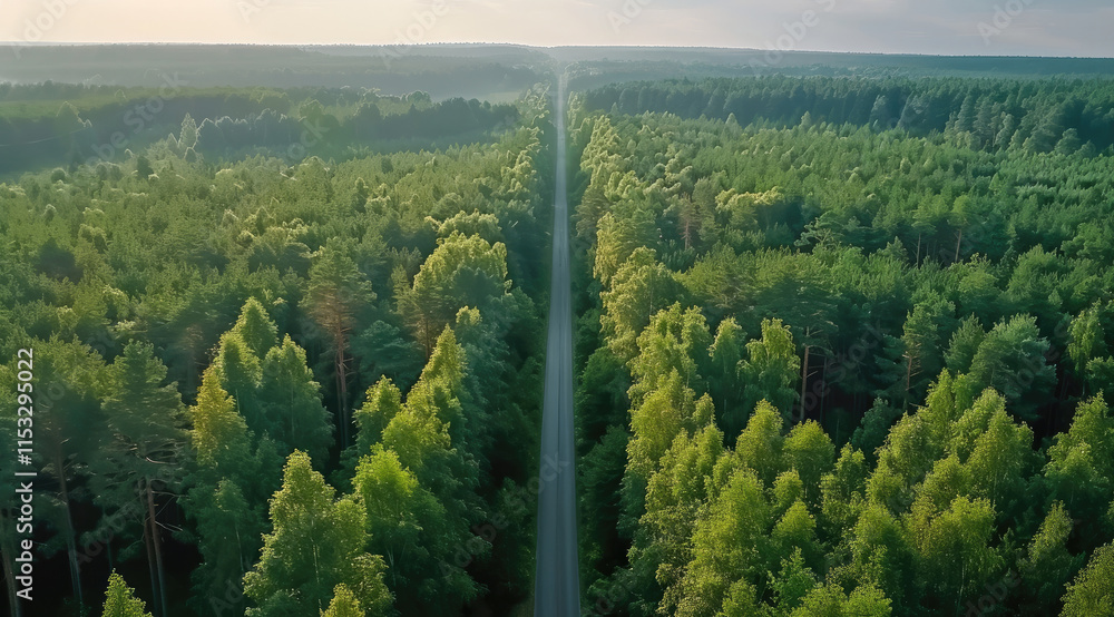 Poster drone view of a green forest with a big road in the middle.