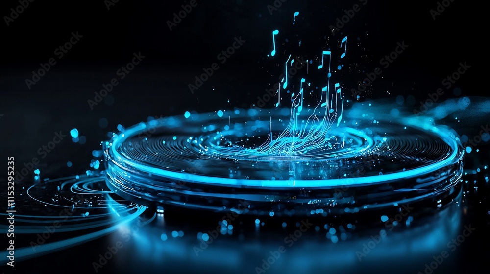 Poster abstract blue glowing music notes splashing from a circular platform.