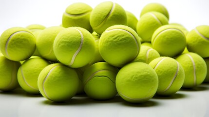 Pile of bright yellow tennis balls on white background.