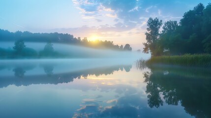 A misty lake at sunrise with trees on either side.