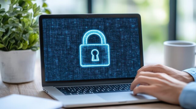 Cybersecurity: A close-up shot of a person working on a laptop with a glowing padlock icon on the screen, symbolizing the importance of digital security in today's world. 