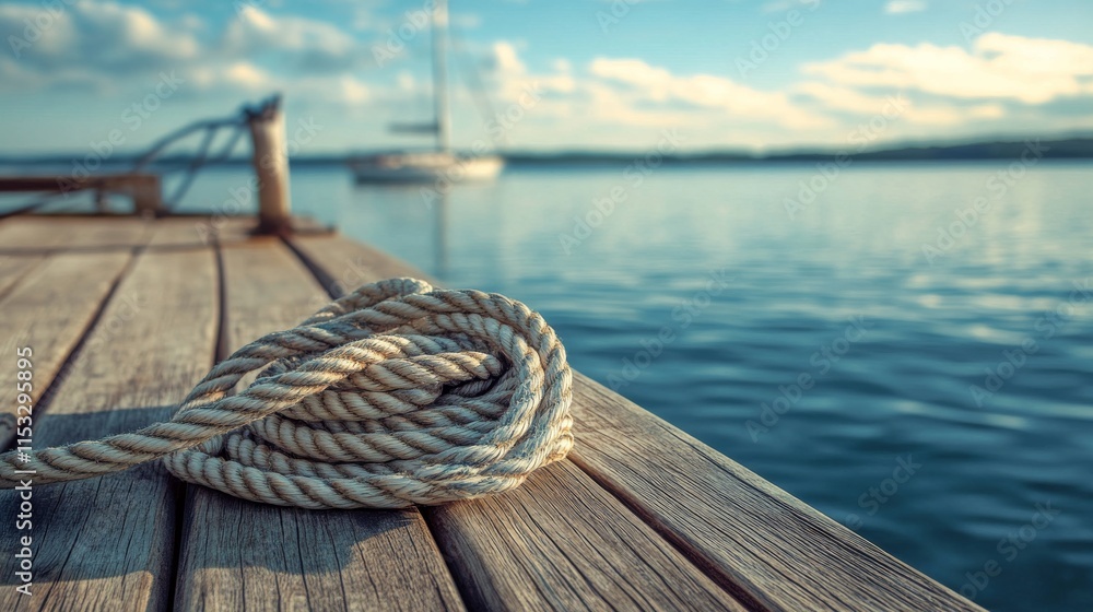 Aufkleber A serene sailing setup with a neatly coiled rope and well-arranged sails, A calm dockside with a gentle breeze, Minimalist nautical style