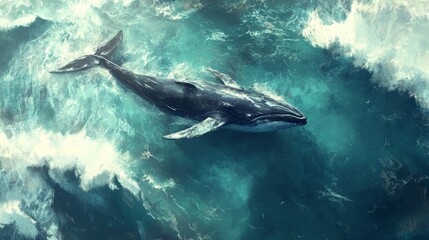 Fototapeta premium A breathtaking aerial shot of a whale maneuvering through the turbulent waves of the ocean. The image captures the power of nature, with the whale's graceful form contrasting against the dynamic water