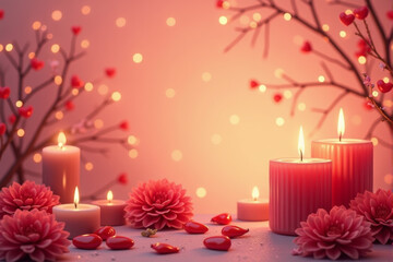 Illustration of a Valentine’s flatlay background with elegant candles, warm tones, and romantic vibes.  .