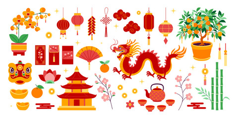 A collection of Chinese symbols and decorations including a dragon, a lotus flower, and a Chinese lantern © MariiaMart