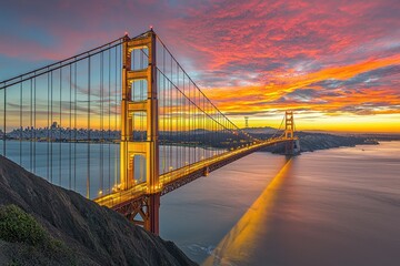 Fototapeta premium Golden suspension bridge at sunset, with orange and pink hues lighting the sky