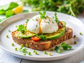 Toaster with poached egg and avocado on a white plate.