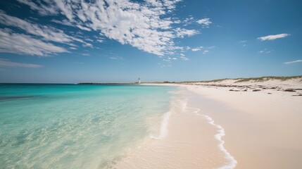 Fototapeta premium Serene Coastal Landscape: Turquoise Waters, White Sands, and a Lighthouse