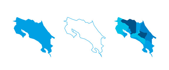 Costa Rica set of three maps - solid map, outline map and map highlighting administrative divisions. Three distinct maps illustrate various representations of a geographical area.
