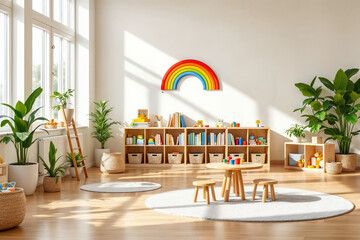  Bright kindergarten interior with natural light, wooden furniture, rainbow decor, educational toys, and plants.