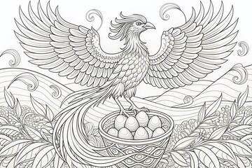 Phoenix Bird Nest Eggs Coloring Page Outline Illustration