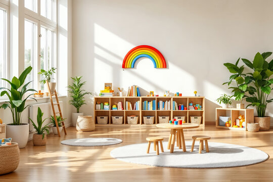  Bright kindergarten interior with natural light, wooden furniture, rainbow decor, educational toys, and plants.