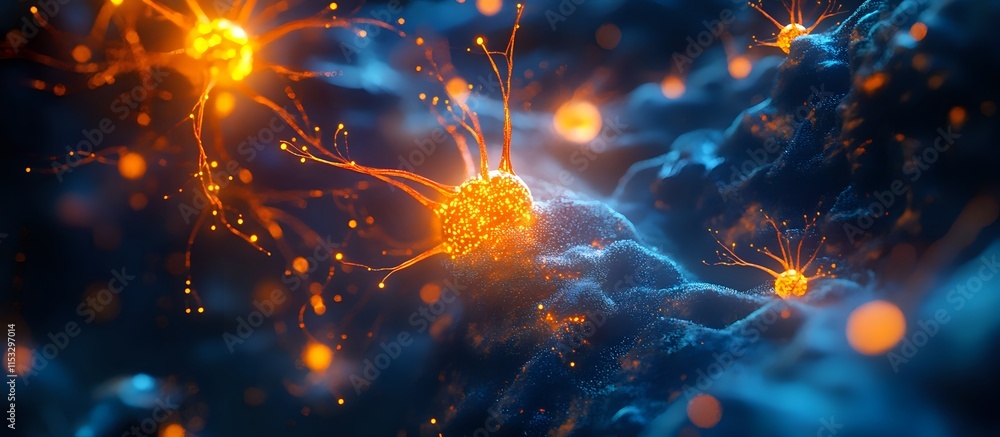 Poster microscopic cellular structures: glowing network of cells and connections, illuminated in vibrant hu
