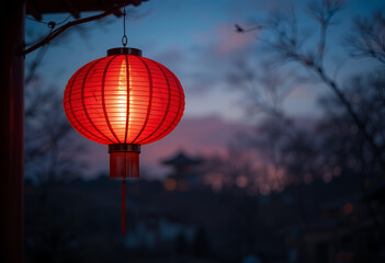 Obraz premium Glowing Red Lantern at Dusk in a Chinese Setting