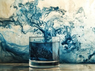 Glass of water with swirling blue ink
