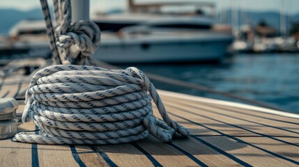 A serene sailing setup with a neatly coiled rope and well-arranged sails, A calm dockside with a gentle breeze, Minimalist nautical style © ArpPSIqee
