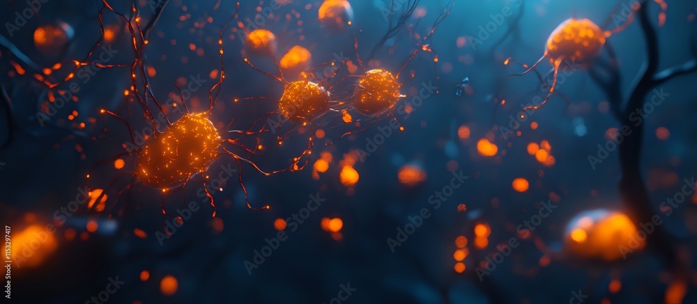 Poster glowing neural network: abstract cellular structures pulse with light, intricate connections visuali