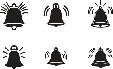 Set of Simple Black Bell Symbols with Notification Waves