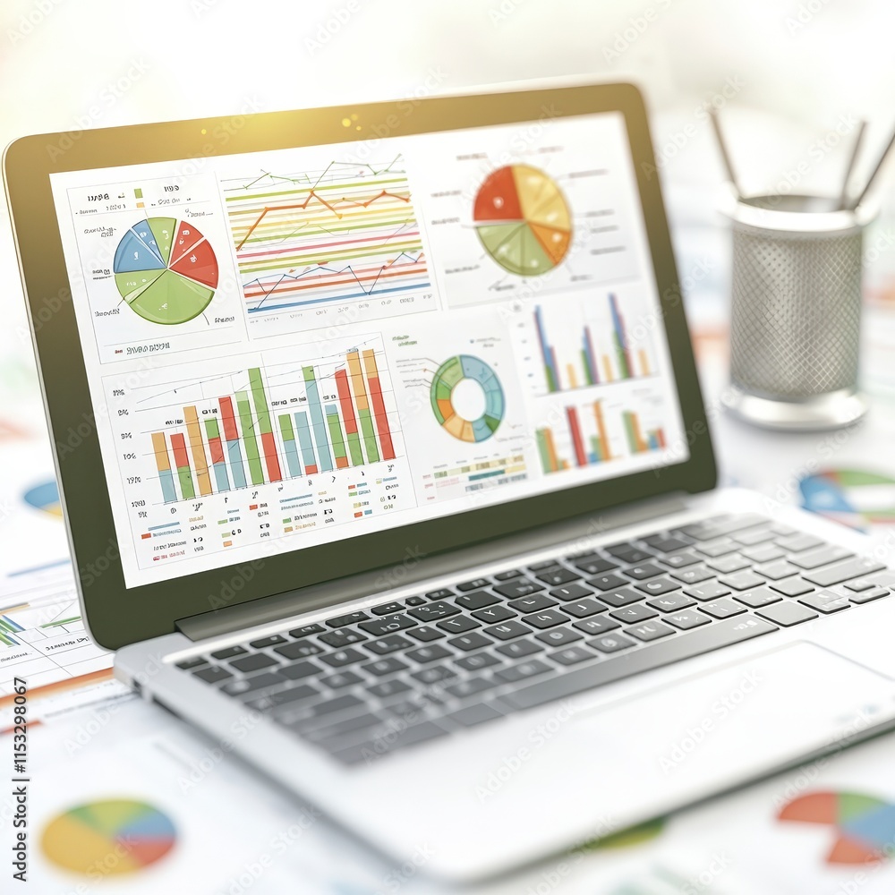 Poster laptop screen showing colorful data analysis charts graphs for business growth