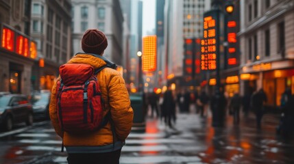 Tourist with backpack in city street at night.