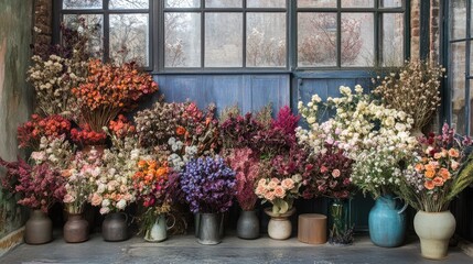 Fototapeta premium Beautiful Arrangement of Colorful Dried Flowers in Rustic Setting