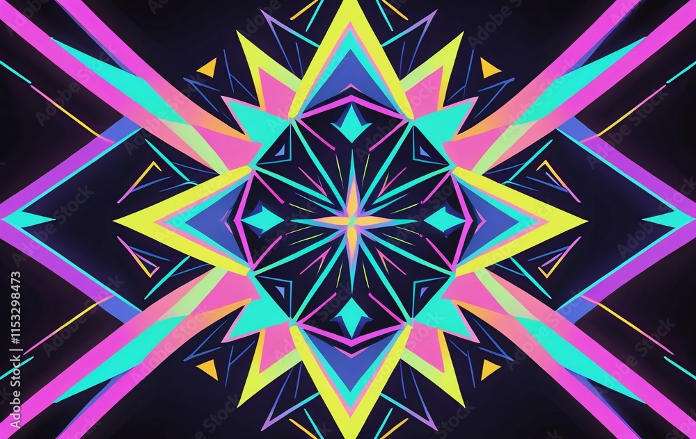 Poster kaleidoscopic pattern repeating geometric shapes.